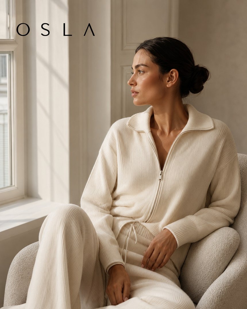 Cream jacket with chocolate trousers